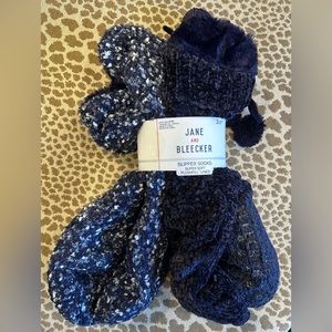 NWT Jane and Bleecker 2Pair Slipper Socks~Navy+White~Plushfill Faux Sherpa Lined
